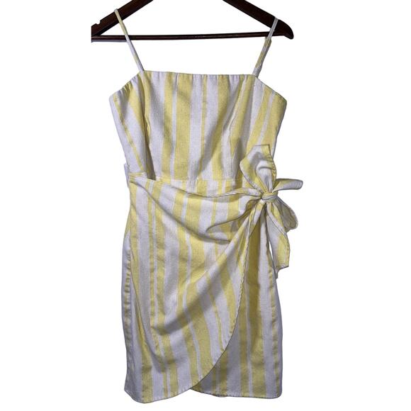 White Birch Large Linen & Cotton Yellow & White Stripe Faux Wrap Dress - Picture 1 of 6